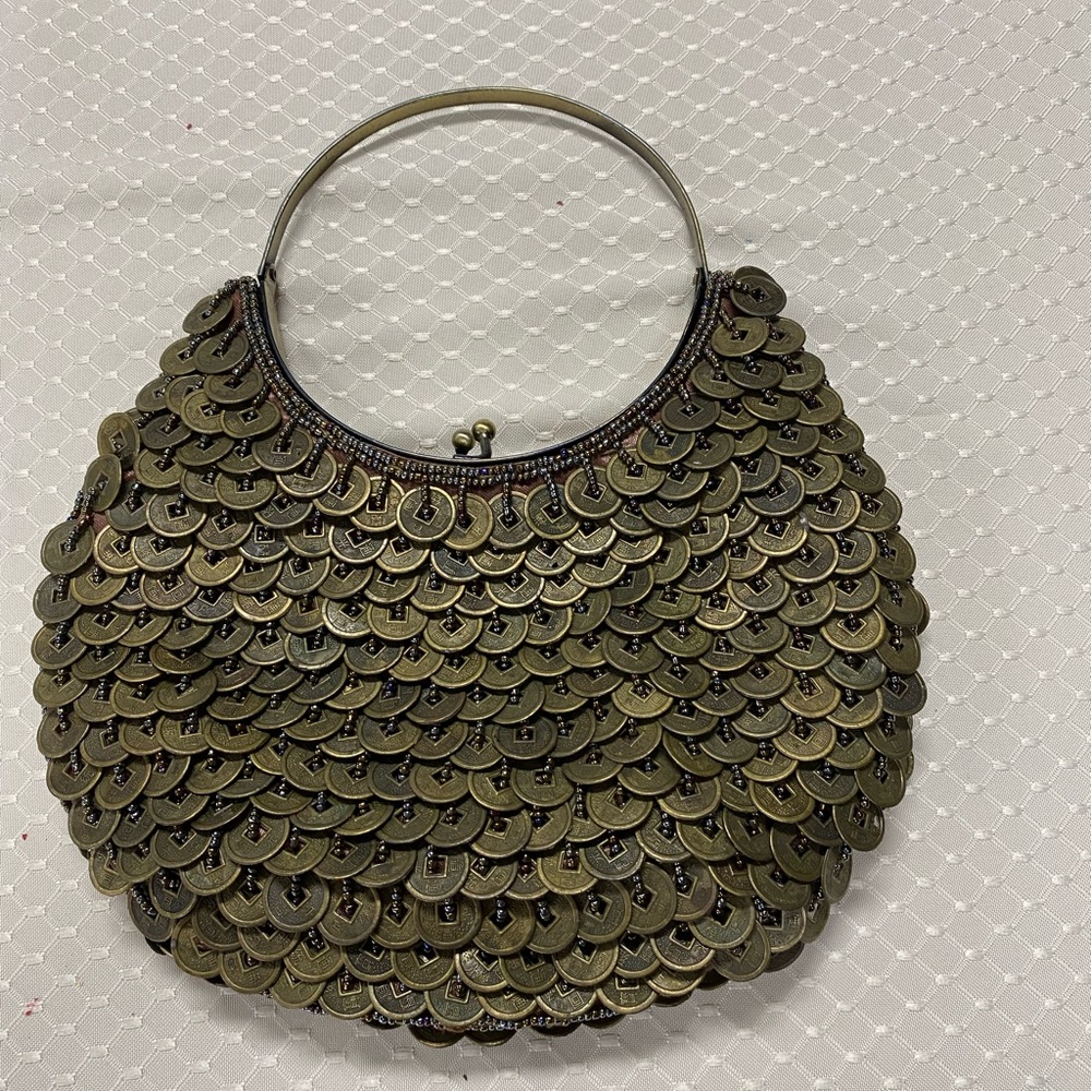 Elegant Bronze Coin-Embellished Handbag